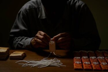刑務所で黙々とお守りを作る受刑者の手元