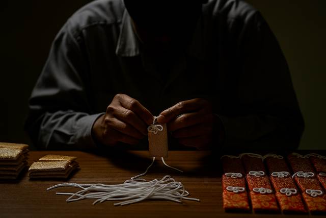 刑務所で黙々とお守りを作る受刑者の手元