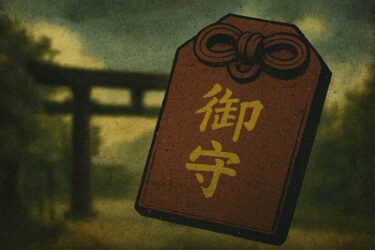 古びたお守りと遠くに映る神社の鳥居。ノスタルジックで少し怖い雰囲気のアイキャッチ画像